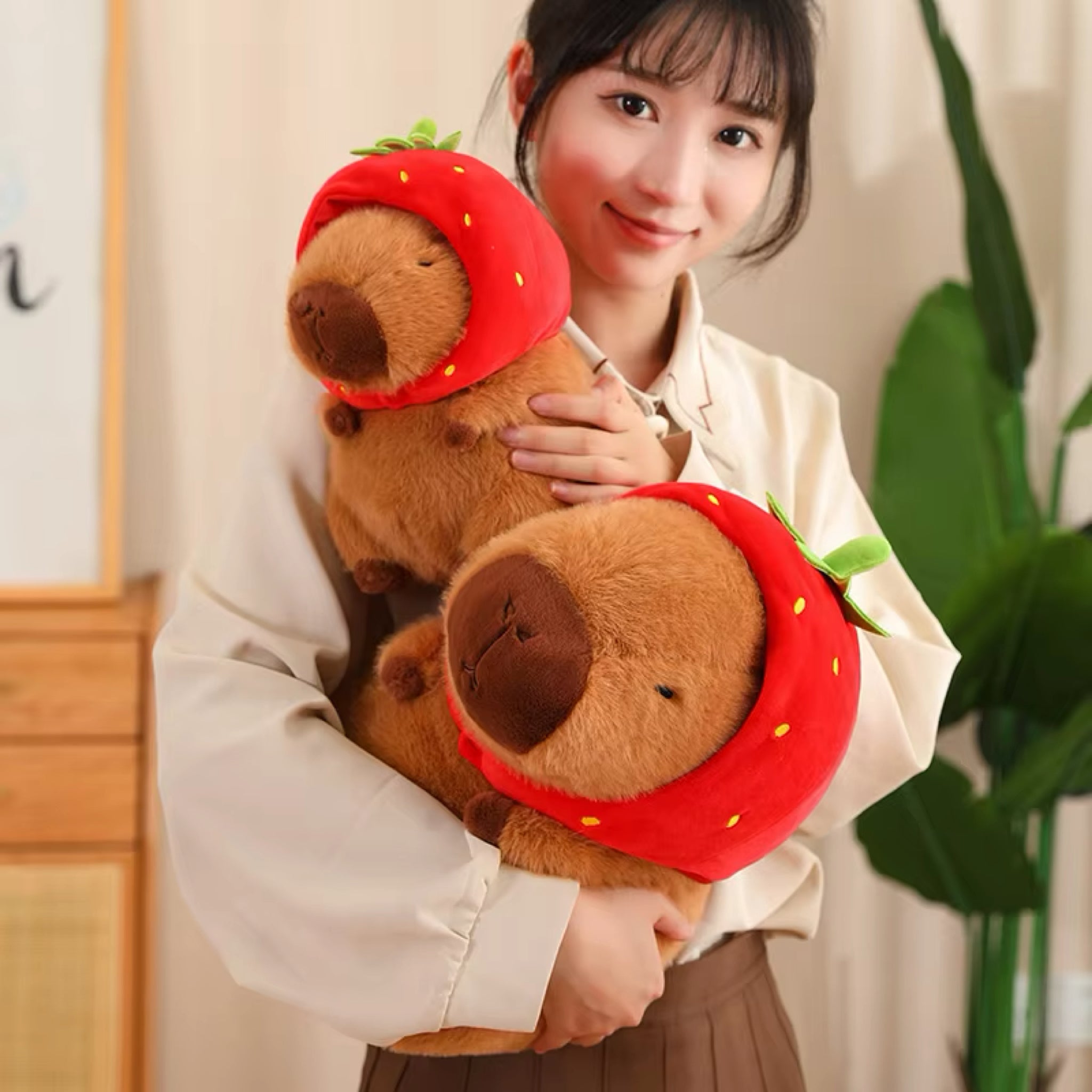 Kawaii Capybara Plush With Strawberry Hat