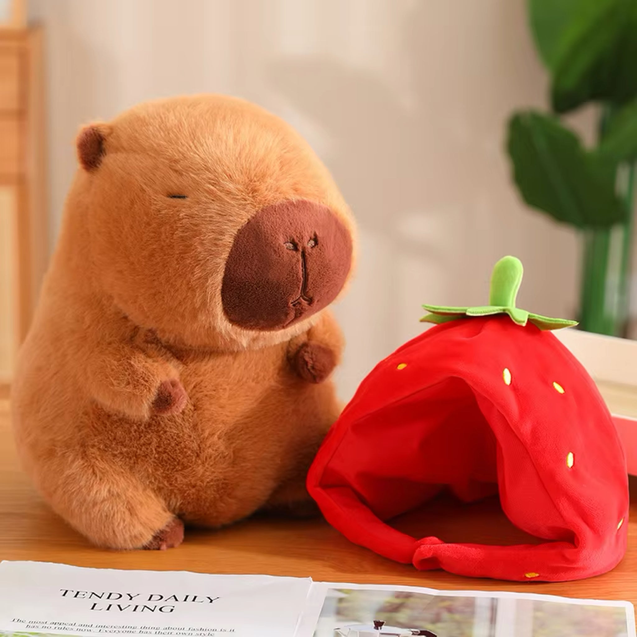 Kawaii Capybara Plush With Strawberry Hat