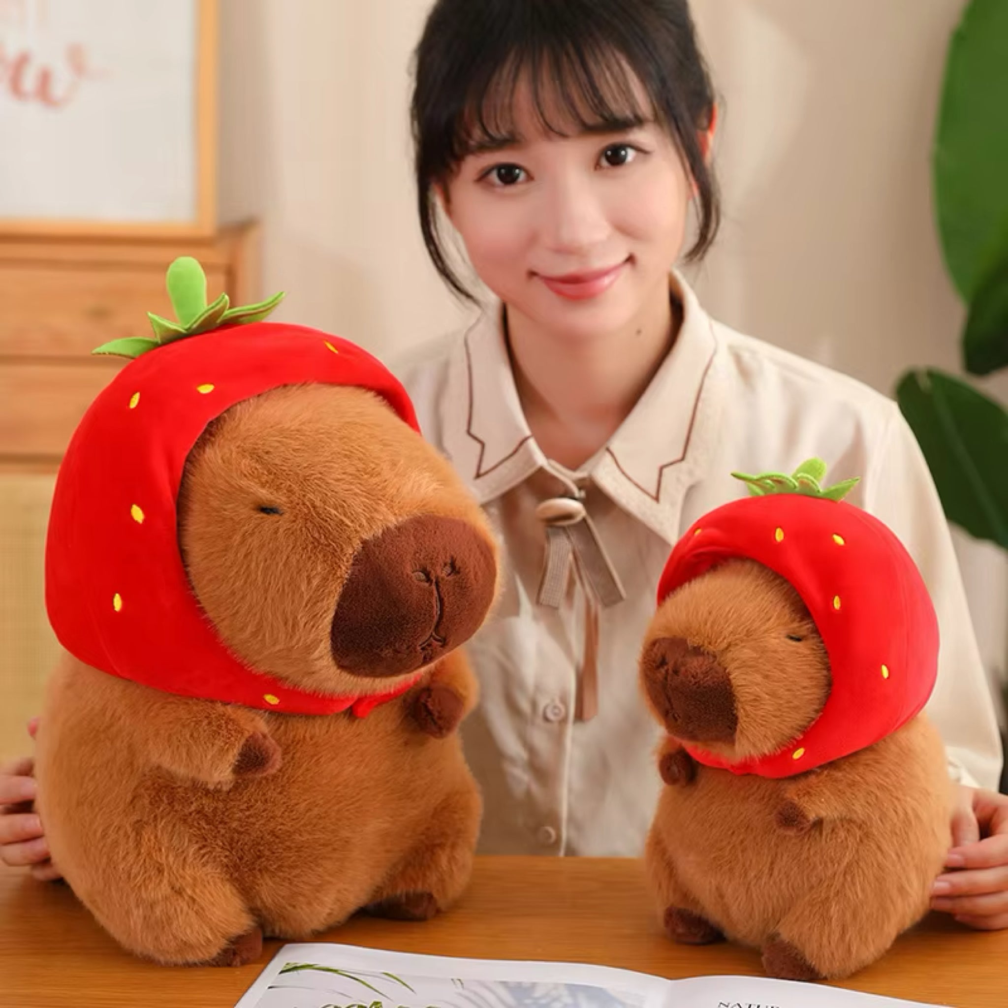 Kawaii Capybara Plush With Strawberry Hat