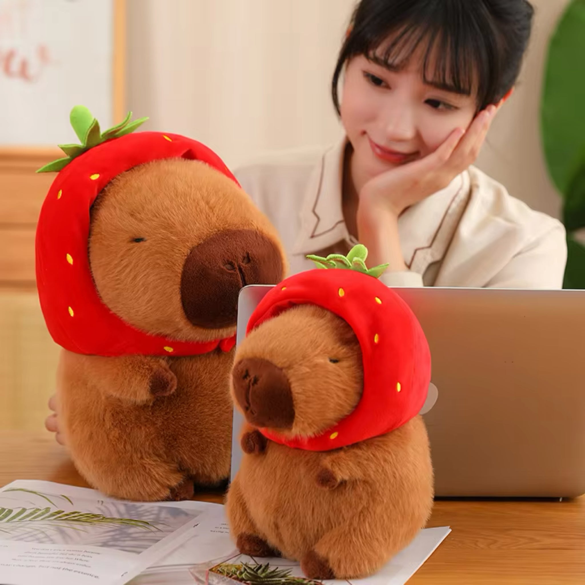 Kawaii Capybara Plush With Strawberry Hat