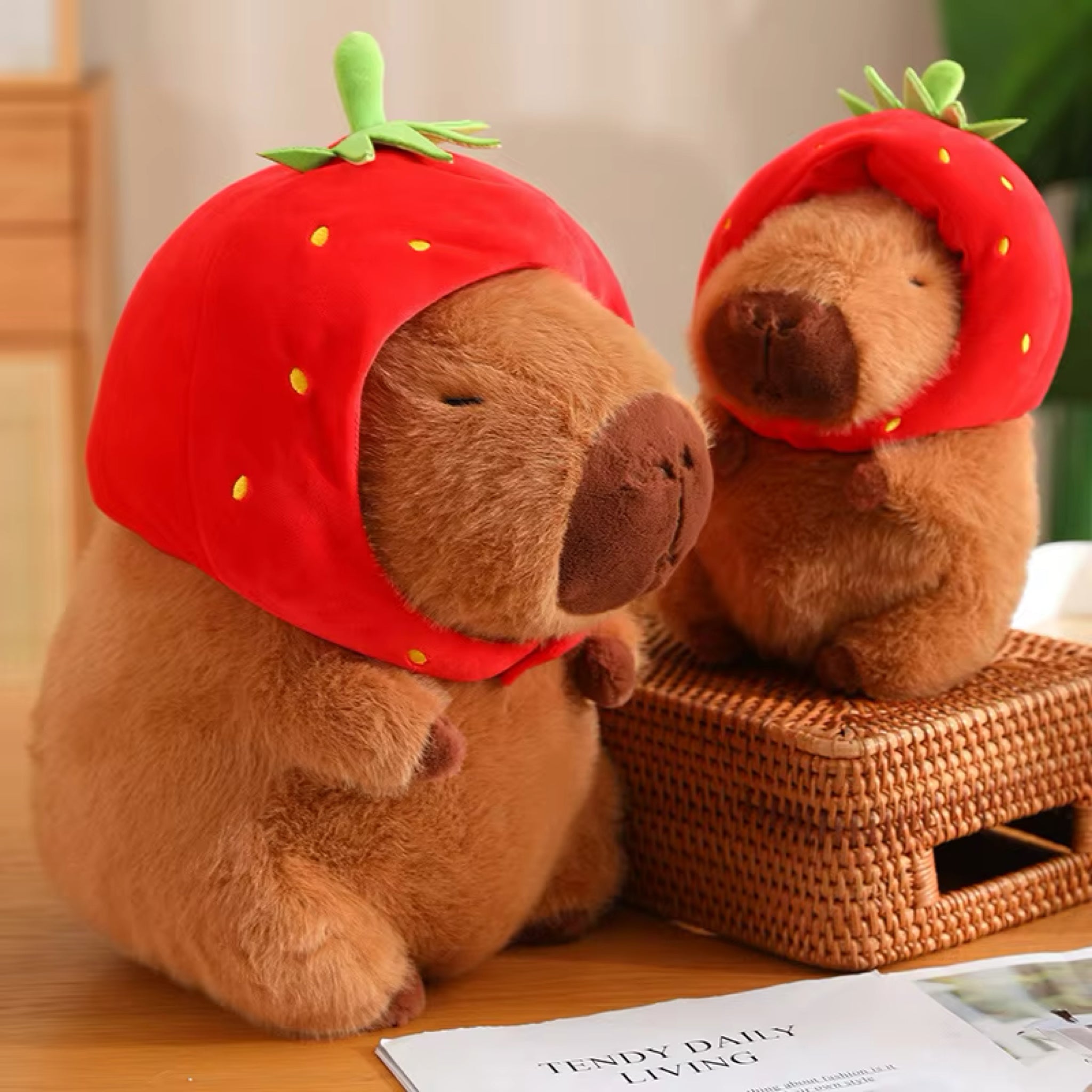 Kawaii Capybara Plush With Strawberry Hat