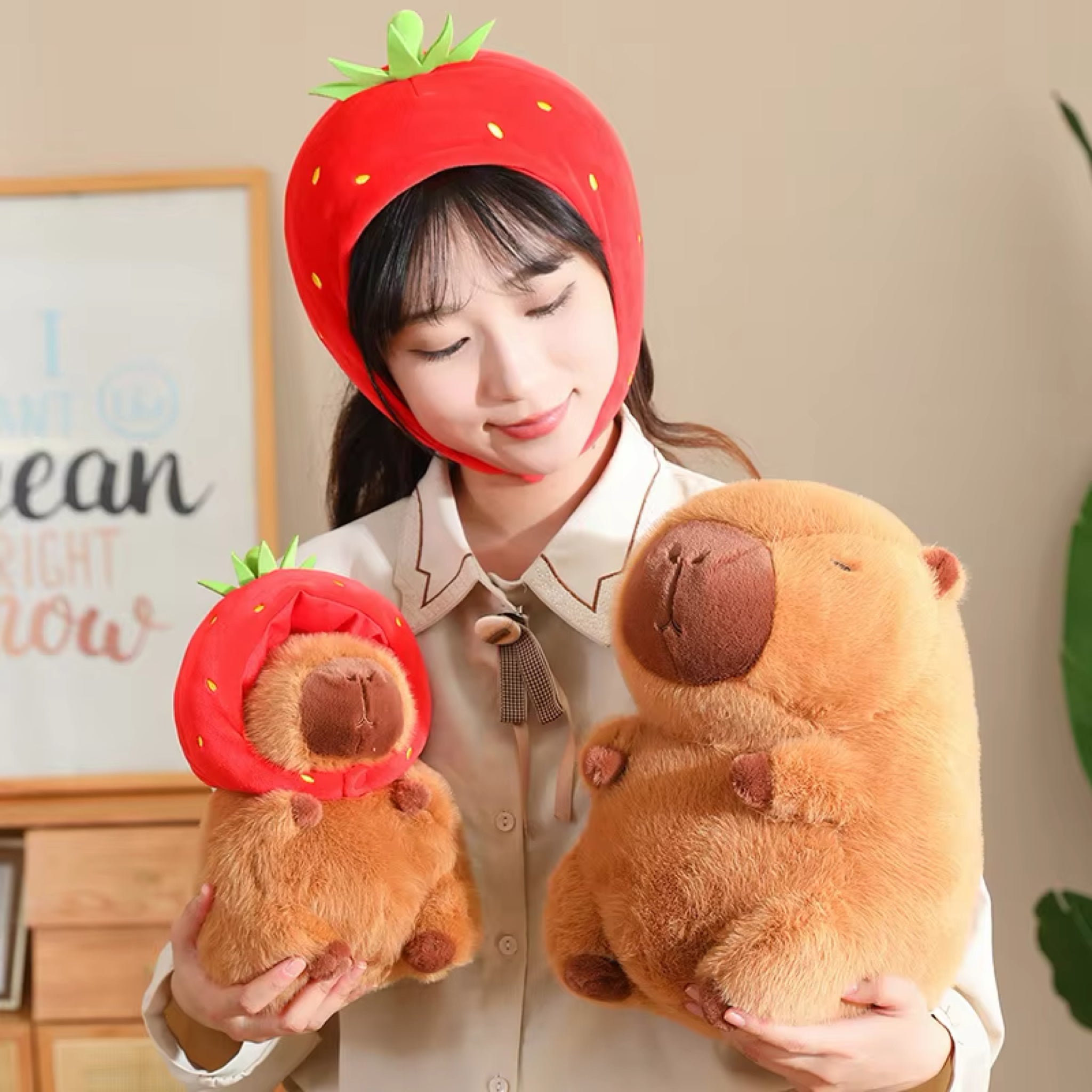 Kawaii Capybara Plush With Strawberry Hat