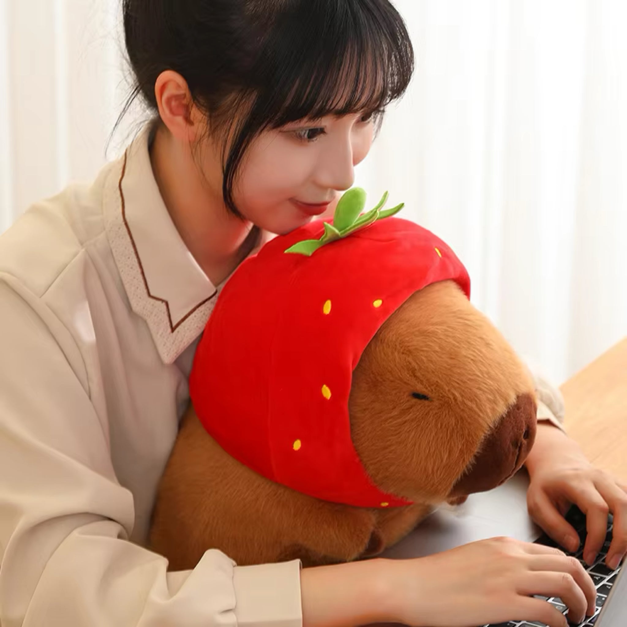 Kawaii Capybara Plush With Strawberry Hat